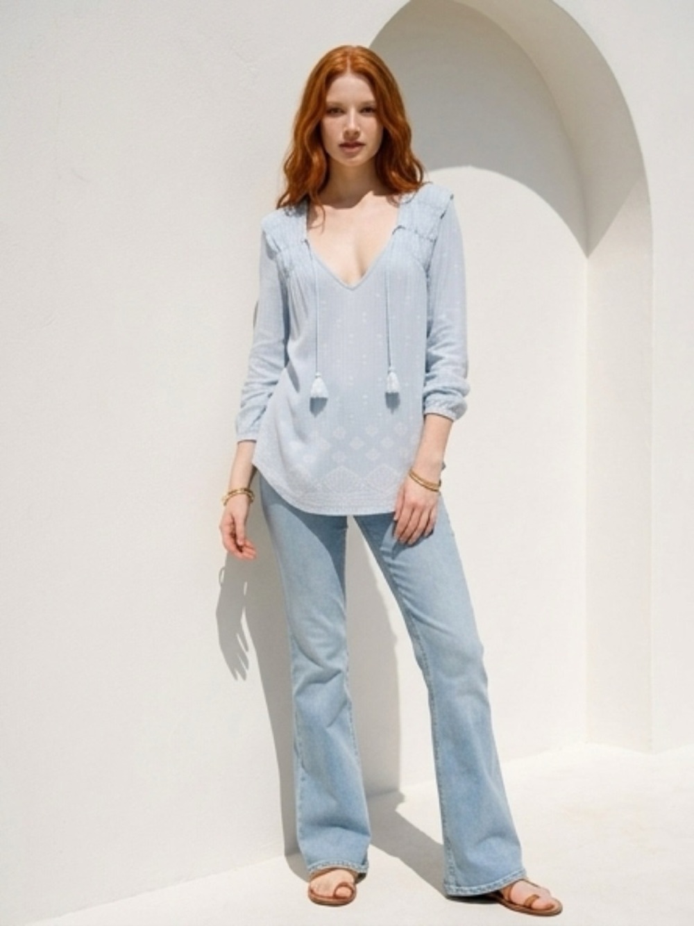 Lucky Brand - Light Blue Boho Peasant Blouse - Tassel Tie - Flowy - Size Large